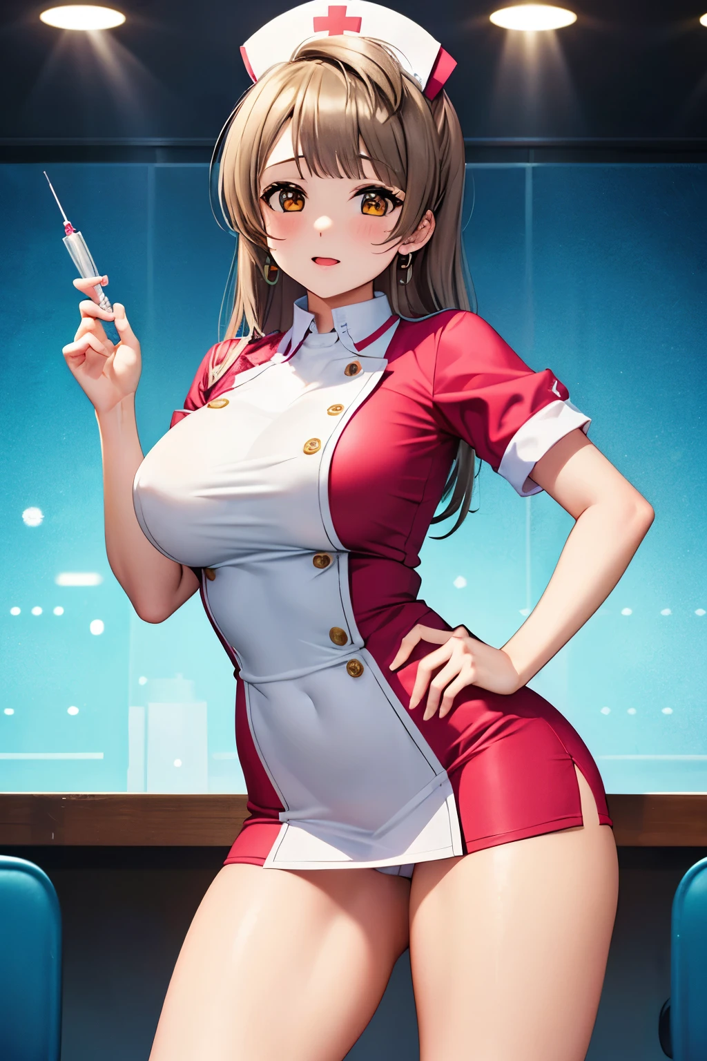 Masterpiece, best quality, minami kotori, holding, standing, white nurse custom, nurse cap, nurse, syringe, (contrapposto:1.2),big breasts, skin tight, thighs