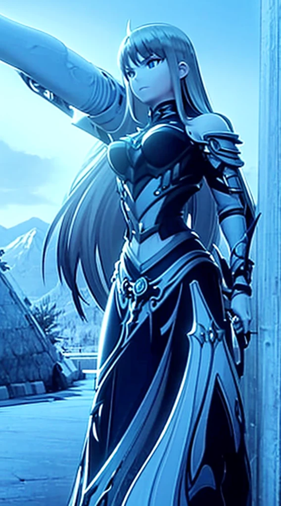  Create the image of a stunning woman with long, straight hair and wearing imposing armor. She is depicted in a majestic pose, with her wavy hair falling gently over her shoulders. Her armor is a work of art, with intricate details and elegant embellishments, reflecting the sunlight that streams through the nearby trees,Her eyes convey a mix of determination and grace as she wields a sword or shield with confidence. In the background, a picturesque setting of lush natural landscape, with distant mountains and a clear blue sky. This woman is not only a skilled warrior, but also a vision of beauty and strength