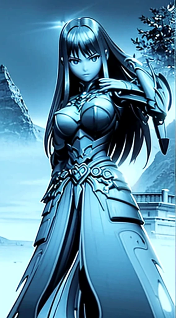 Create the image of a stunning woman with long, straight hair and wearing imposing armor. She is depicted in a majestic pose, with her wavy hair falling gently over her shoulders. Her armor is a work of art, with intricate details and elegant embellishments, reflecting the sunlight that streams through the nearby trees,Her eyes convey a mix of determination and grace as she wields a sword or shield with confidence. In the background, a picturesque setting of lush natural landscape, with distant mountains and a clear blue sky. This woman is not only a skilled warrior, but also a vision of beauty and strength
