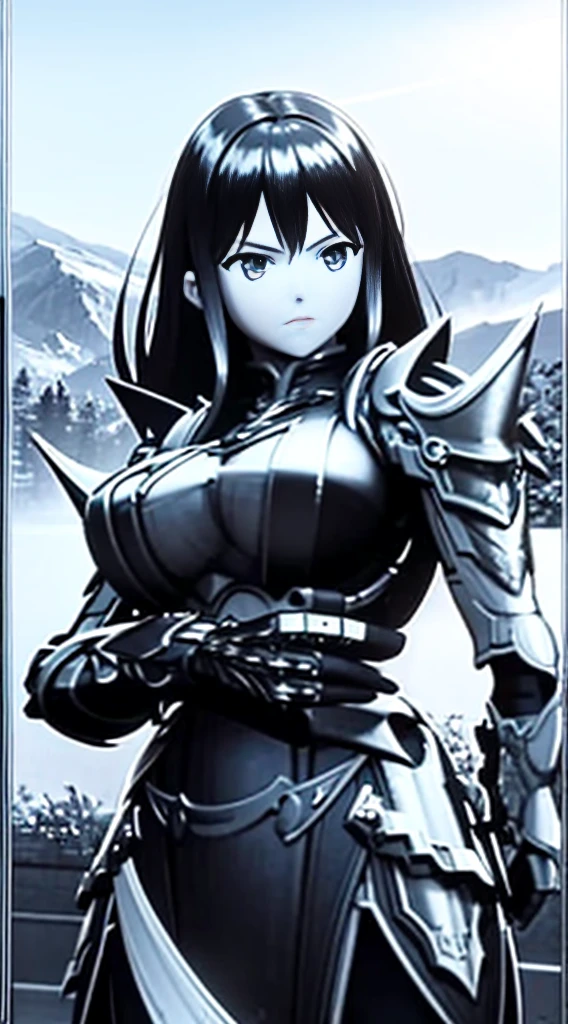  Create the image of a stunning woman with long, straight hair and wearing imposing armor. She is depicted in a majestic pose, with her wavy hair falling gently over her shoulders. Her armor is a work of art, with intricate details and elegant embellishments, reflecting the sunlight that streams through the nearby trees,Her eyes convey a mix of determination and grace as she wields a sword or shield with confidence. In the background, a picturesque setting of lush natural landscape, with distant mountains and a clear blue sky. This woman is not only a skilled warrior, but also a vision of beauty and strength