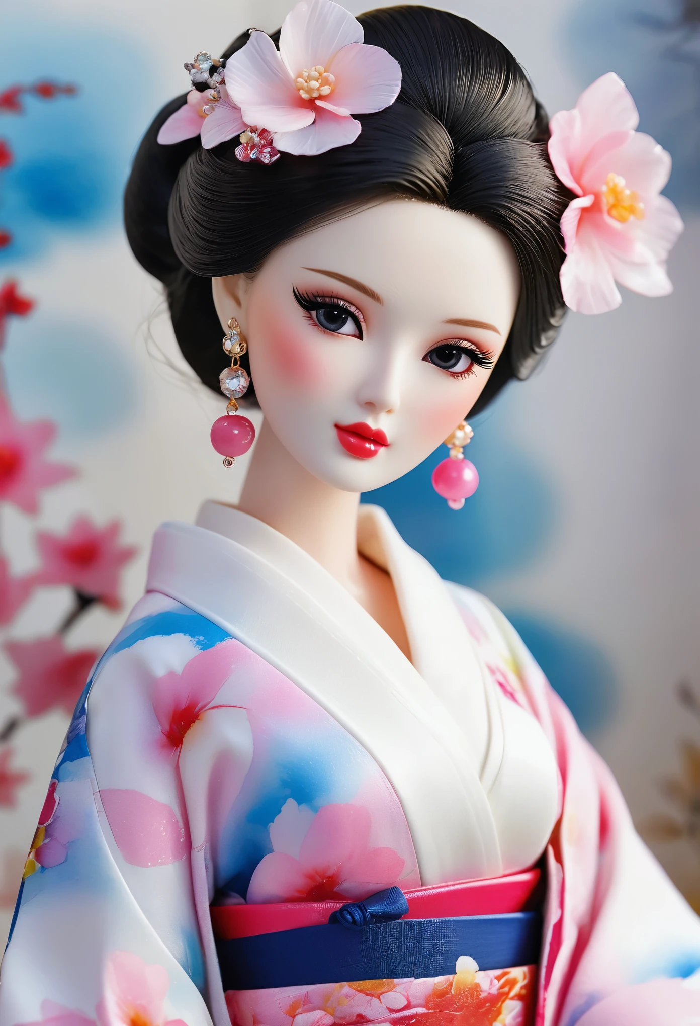 (masterpiece, best quality: 1.2),Barbie doll,，colloid，Exquisite eyes， Sexy eyes，The expression of a kiss，Wet pink sexy lips， colloid皮肤，Slim body，earrings（（Watercolor pattern kimono）），full-body shot