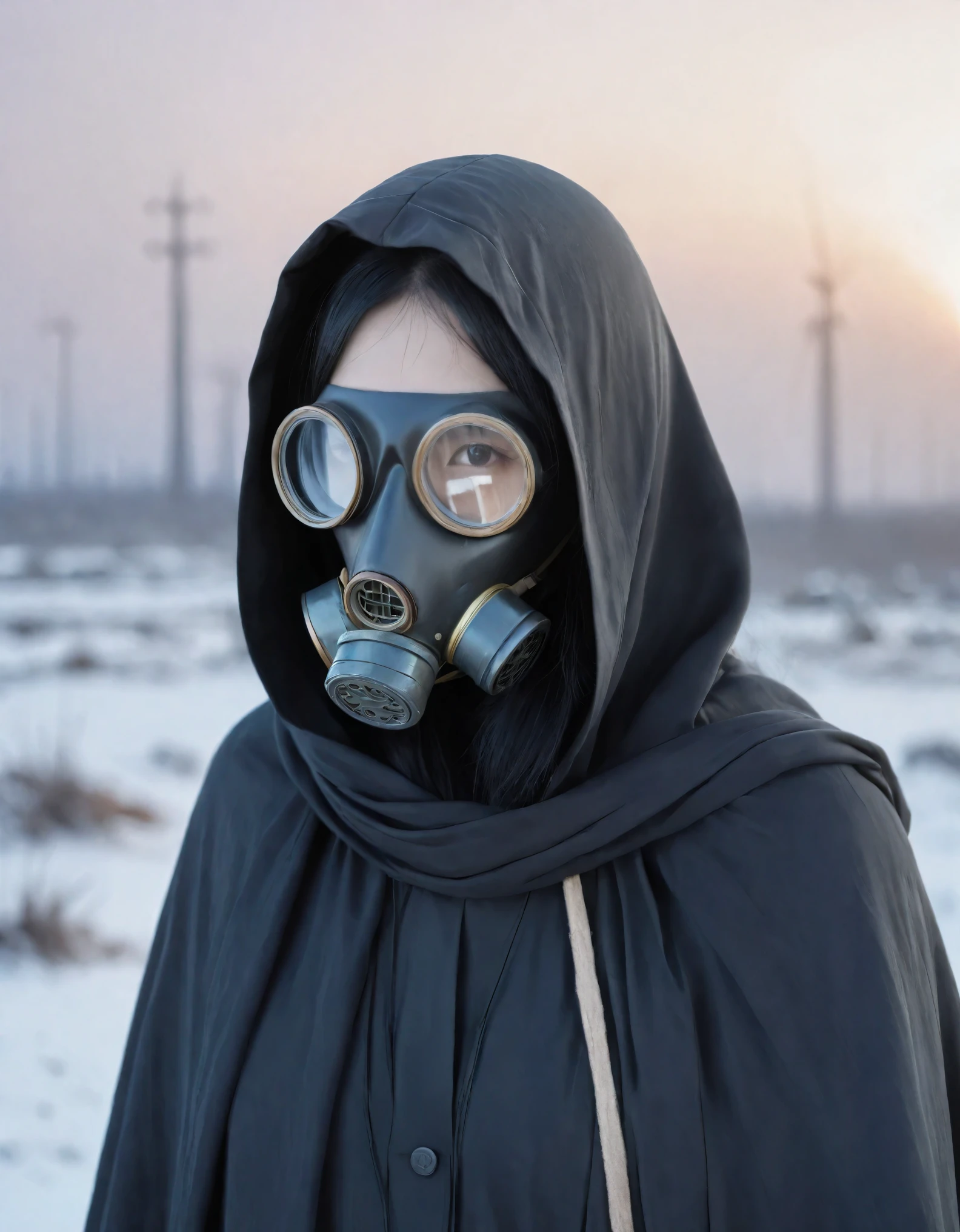 An ultra-realistic 4K image of a post-apocalyptic wanderer wearing a gas mask and a tattered cloak against a nuclear winter background. The scene features glowing embers and an ash-covered landscape, with the wanderer’s haunting eyes visible through the mask. The high contrast and detailed textures emphasize the desolate beauty of the setting, capturing the essence of a world aftermath.