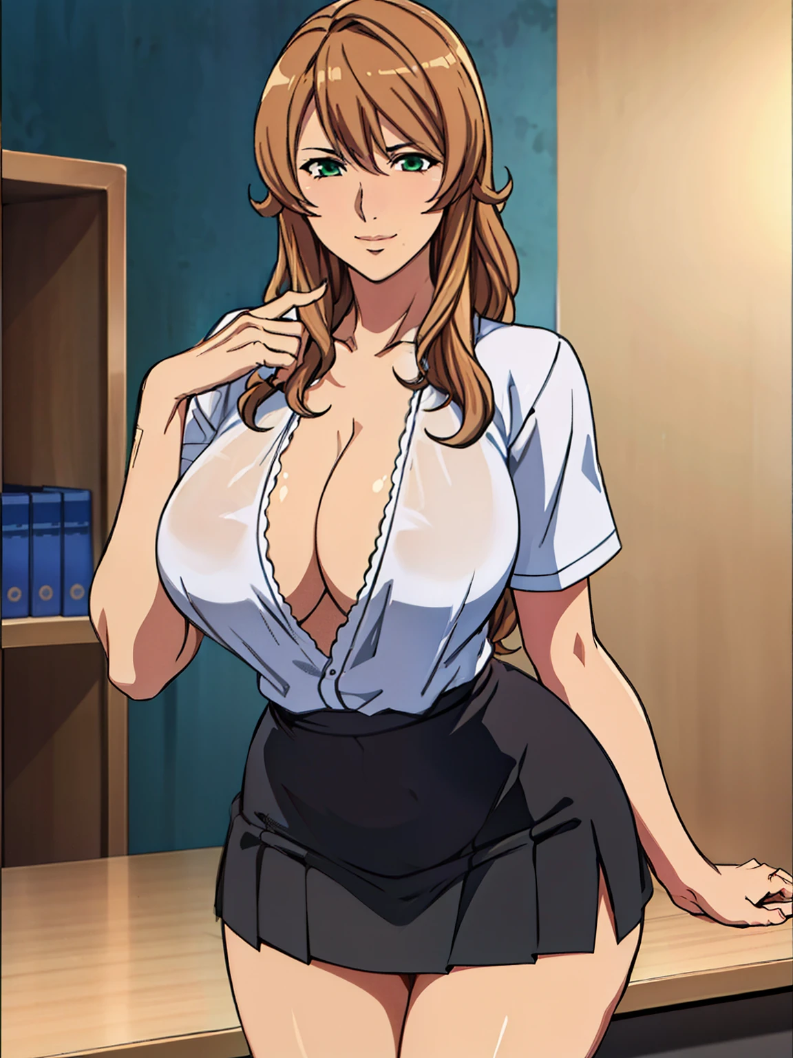 (white office shirt), (black skirt), white long socks, (office room background), Sigui, mature woman, anime cels style, best quality, high resolution, 1girl, (huge breasts:1.2), beautiful face, Beautiful Finger, Beautiful long legs, Beautiful body, Beautiful Nose,Beautiful character design, long hair, (brown hair), Bangs, green eyes, (cowboy shot), smiling, looking at viewer, beautiful hair, smiling, blushing