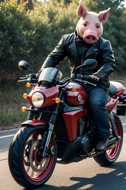 An anthropomorphic pig rides a motorcycle