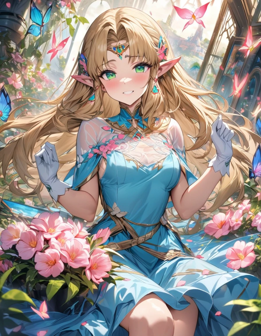 (absurdres, highres, ultra detailed, HDR) master piece, best quality, perfect face, Princess Zelda, blond hair, expressive green eyes, The legend of zelda breath of the wild, blue dress, white long gloves, mark of the triforce on the dress, woman, extremely beautiful, glass pink flowers, glass pink petals, glass pink butterflies, glass garden, glass blossoms, everything made with glass