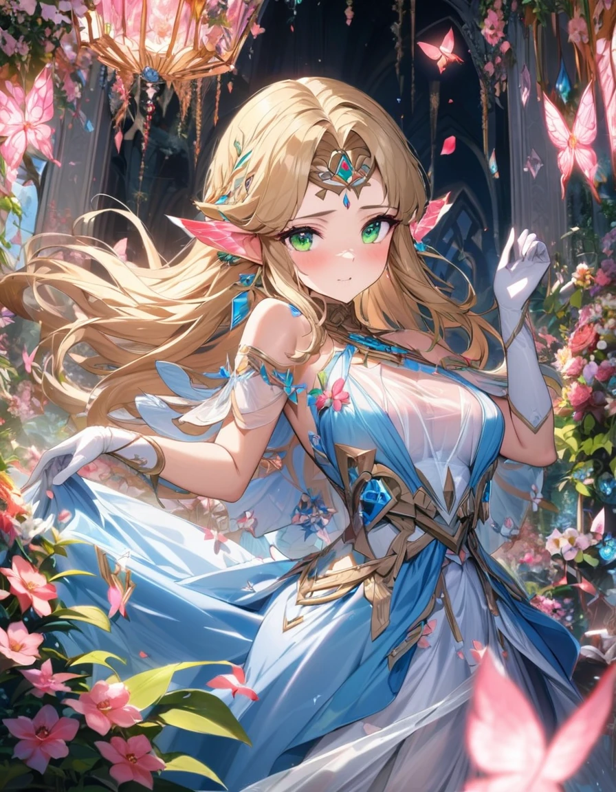 (absurdres, highres, ultra detailed, HDR) master piece, best quality, perfect face, Princess Zelda, blond hair, expressive green eyes, The legend of zelda breath of the wild, blue dress, white long gloves, mark of the triforce on the dress, woman, extremely beautiful, glass pink flowers, glass pink petals, glass pink butterflies, glass garden, glass blossoms, everything made with glass