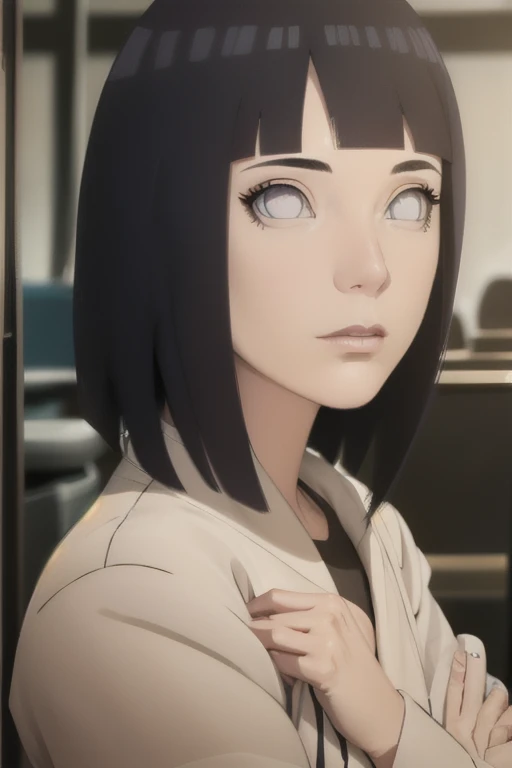 (view from right side) woman Standing with arms crossed over chest, (shirt, tie, pants:0.5) (detailed realistic face), (((hyperdetailed))), zoomed out, symmetrical face, detailed pupil, expressive eyes, makeup, real photography, modern look, Real photography (Realisitc:1.5)  