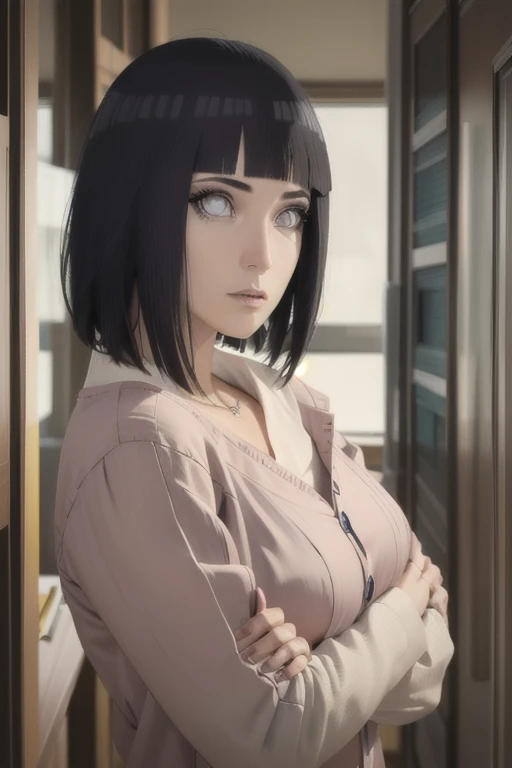 (view from right side) woman Standing with arms crossed over chest, (shirt, tie, pants:0.5) (detailed realistic face), (((hyperdetailed))), zoomed out, symmetrical face, detailed pupil, expressive eyes, makeup, real photography, modern look, Real photography (Realisitc:1.5)