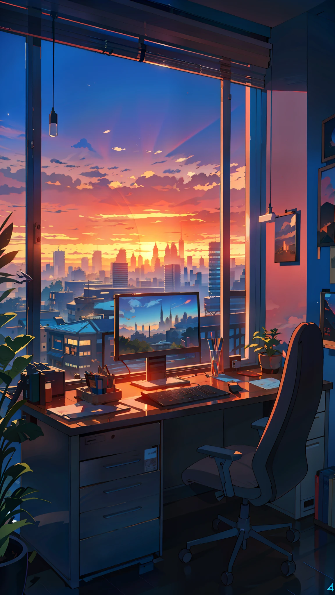 a painting of a computer sitting on top of a desk in front of a window, synthwave sunset, computer aesthetic, sunset background, personal room background, vaporwave sunset, synthwave image, alena aenami and artgerm, office background, moody sunset background, sunset illustration, dream atmosphere, desktopography, city sunset night, desktop, 4k professional painting, game, detailed key anime art, illustation, a beautiful artwork illustration, beautiful digital painting, highly detailed digital painting, beautiful digital artwork, detailed painting 4 k, very detailed digital painting, rich picturesque colors, gorgeous digital painting