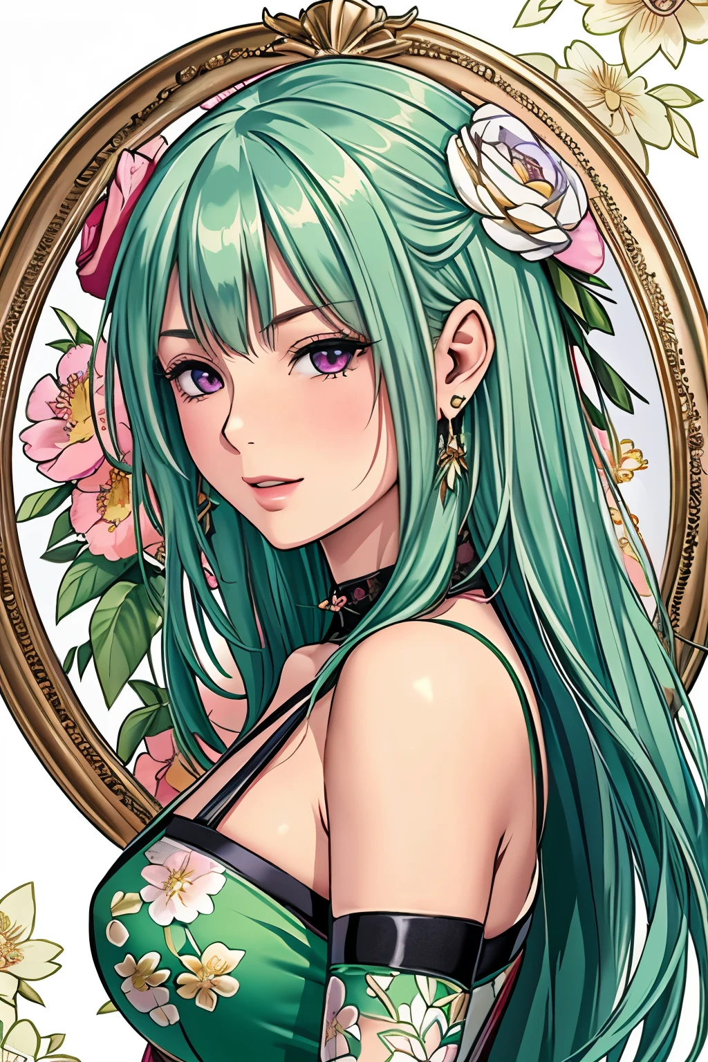 (​masterpiece, top-quality, top-quality, Official art, Beautifully Aesthetic:1.2), purple eyes, (highest quality, masterpiece painting:1.3), immature woman, , (half body shot), masterpiece, ultra high resolution, (((Flower frame, A lot of flowers in the frame, round frame, A beautiful girl fits into the frame))), Decorative panel, abstract art, (shot from a side angle), (Photoreal:1.0), ((light green hair)),straight hair, beautiful shining hair, white and shining skin, Painterly, sketch, Texture, 超A high resolution, solo, Beautuful Women, A highly detailed, (Fractal Art:1.1), (colourfull:1.1), (florals:1.6), The most detailed, (Zentangle:1.2), (Dynamic Poses), (Abstract background:1.3), (shinny skin), (Many colors:0.8), (earrings:1.4), (pluma:0.9), Taisho romance