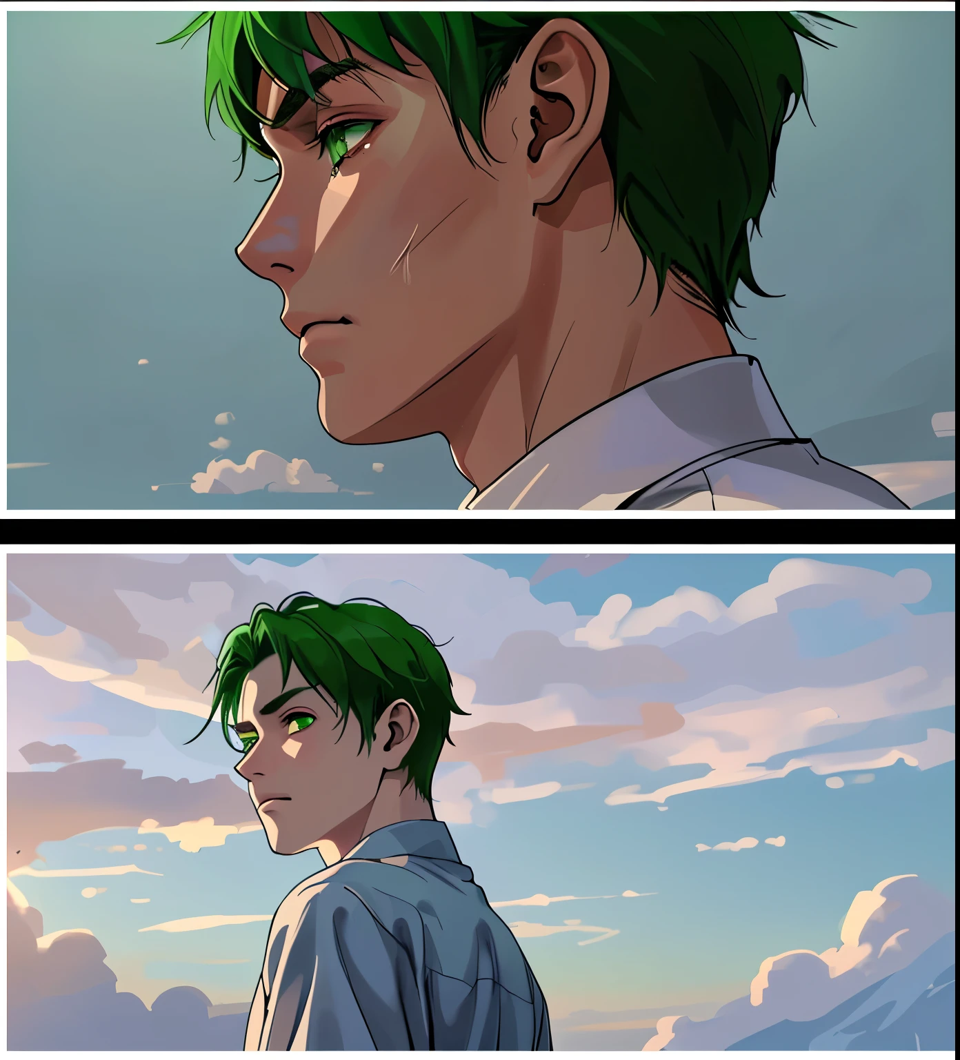 a young man with green hair, green eyes, , is sad  