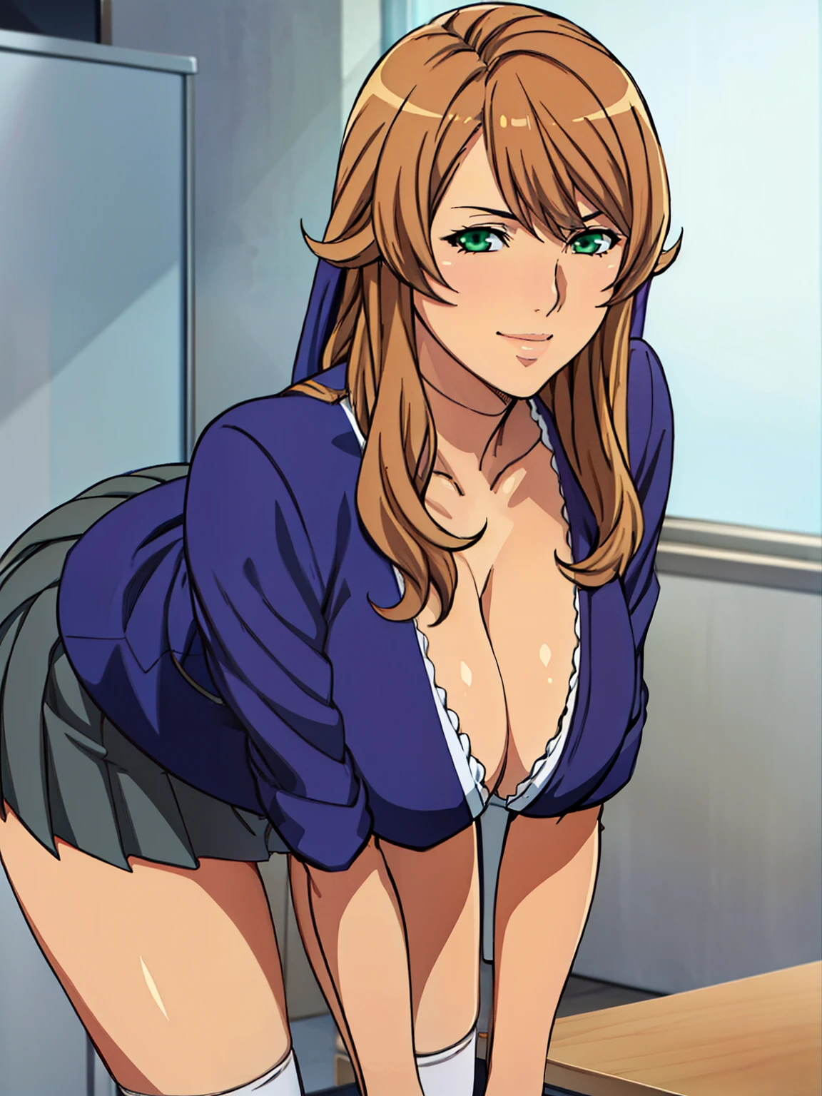 all fours on office desk, (white office shirt), (black skirt), white long socks, (office room background), Sigui, mature woman, anime cels style, best quality, high resolution, 1girl, (huge breasts:1.2), beautiful face, Beautiful Finger, Beautiful long legs, Beautiful body, Beautiful Nose,Beautiful character design, long hair, (brown hair), Bangs, green eyes, (cowboy shot), smiling, looking at viewer, beautiful hair, smiling, blushing