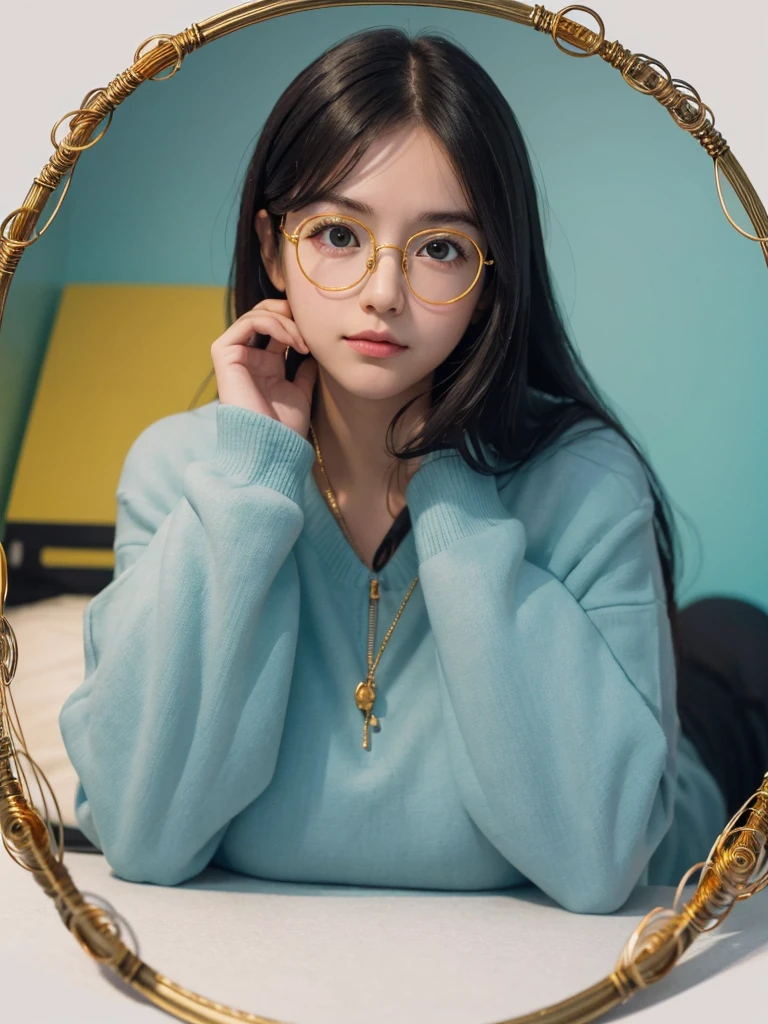 (Masterpiece, highest quality, super large resolution); (CG illustration); (a cute and cute girl); (sleepiness) (exhaustion); ((round-framed gold wire glasses)), (fashionable) (trendy); Rich colors, cyan, orange, yellow, green, cyan, blue, purple, fashion typography, magazine cover poster, hyper-detail, art, title, logo, label, badge, graphic design, detail post-processing, depth of field, high brightness, high saturation, more white space;