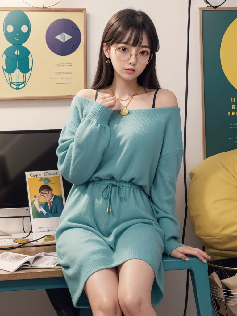 (Masterpiece, highest quality, super large resolution); (CG illustration); (a cute and cute girl); (sleepiness) (exhaustion); ((round-framed gold wire glasses)), (fashionable) (trendy); Rich colors, cyan, orange, yellow, green, cyan, blue, purple, fashion typography, magazine cover poster, hyper-detail, art, title, logo, label, badge, graphic design, detail post-processing, depth of field, high brightness, high saturation, more white space;