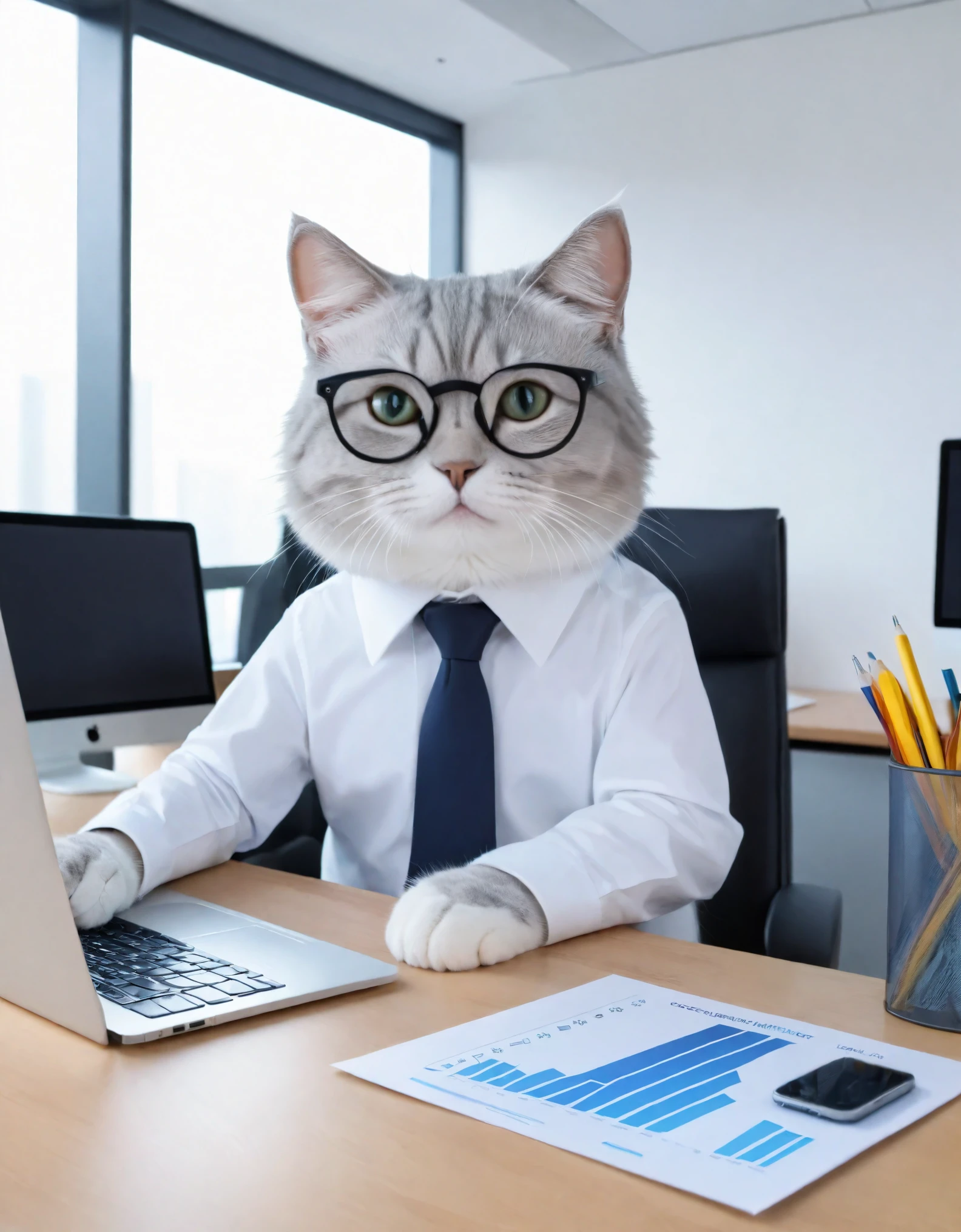 A 3D illustration of a new employee, depicted as a cat, rating his new job at an investment company. The style is reminiscent of Pixar, with a modern and professional look, showcasing the cat in an office environment, surrounded by elements typical of an investment company like stock market charts, computer screens, and corporate decor. The cat has an expression that conveys his opinion about the job, perhaps looking curious or engaged, sitting at a desk or interacting with office technology, embodying a blend of whimsy and professionalism.