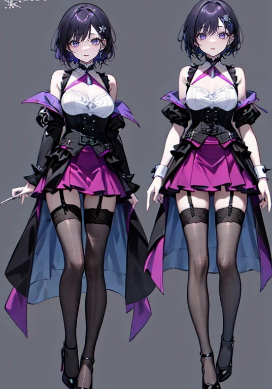 Purple Hair,Shortcuts,Adult female,(((Bartender))),((Body Harness)),((Rolling up your sleevesYshirt)),(Corset),(Tight Skirt),((Garter Belt)),High Heels,((Simple Background)),Smile,((Full Body)),((whole body)),Character Sheet,