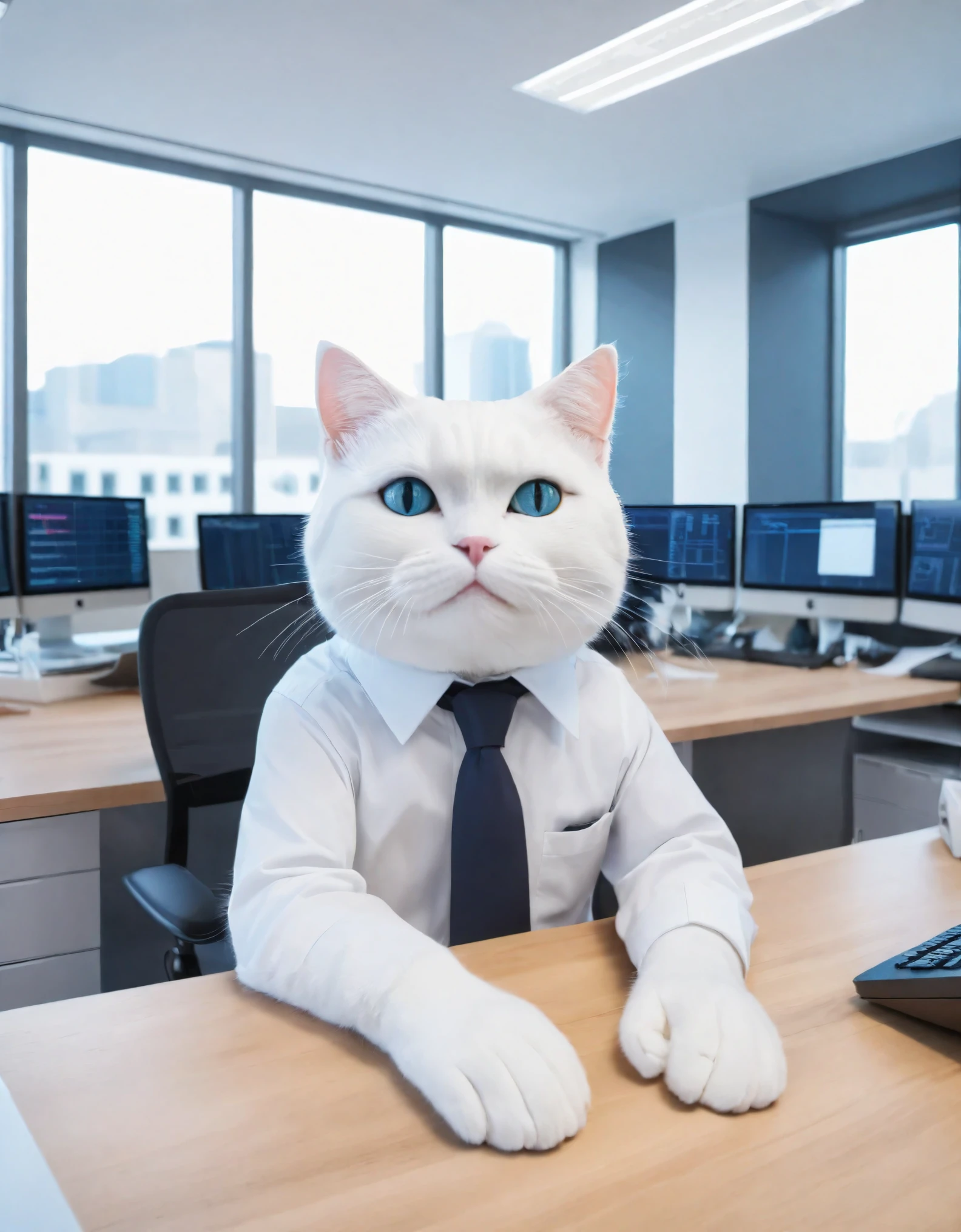 A 3D illustration of a new employee, depicted as a cat, rating his new job at an investment company. The style is reminiscent of Pixar, with a modern and professional look, showcasing the cat in an office environment, surrounded by elements typical of an investment company like stock market charts, computer screens, and corporate decor. The cat has an expression that conveys his opinion about the job, perhaps looking curious or engaged, sitting at a desk or interacting with office technology, embodying a blend of whimsy and professionalism.