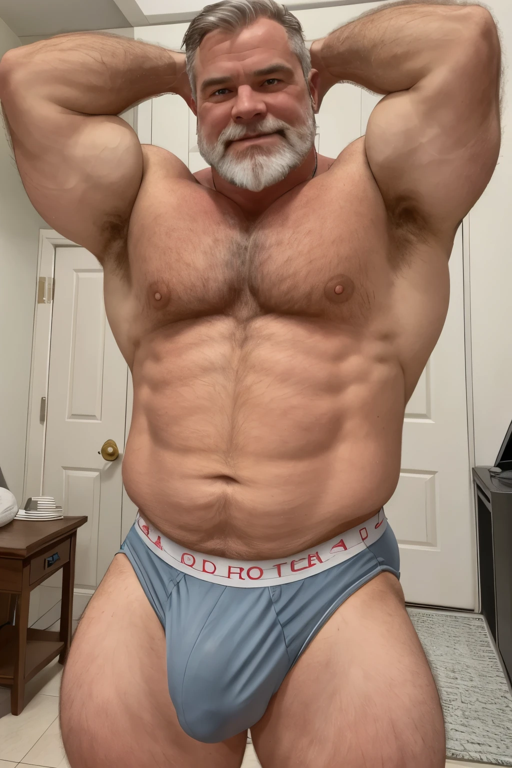 (handsome mature man), (50 yo), white man, wearing a speedo, wet speedo, wet dripping crotch, bulge, (beefy:1.3), beard, looking at viewer, beautiful man, detailed eyes, symmetric face, smirk, robust, greying hair