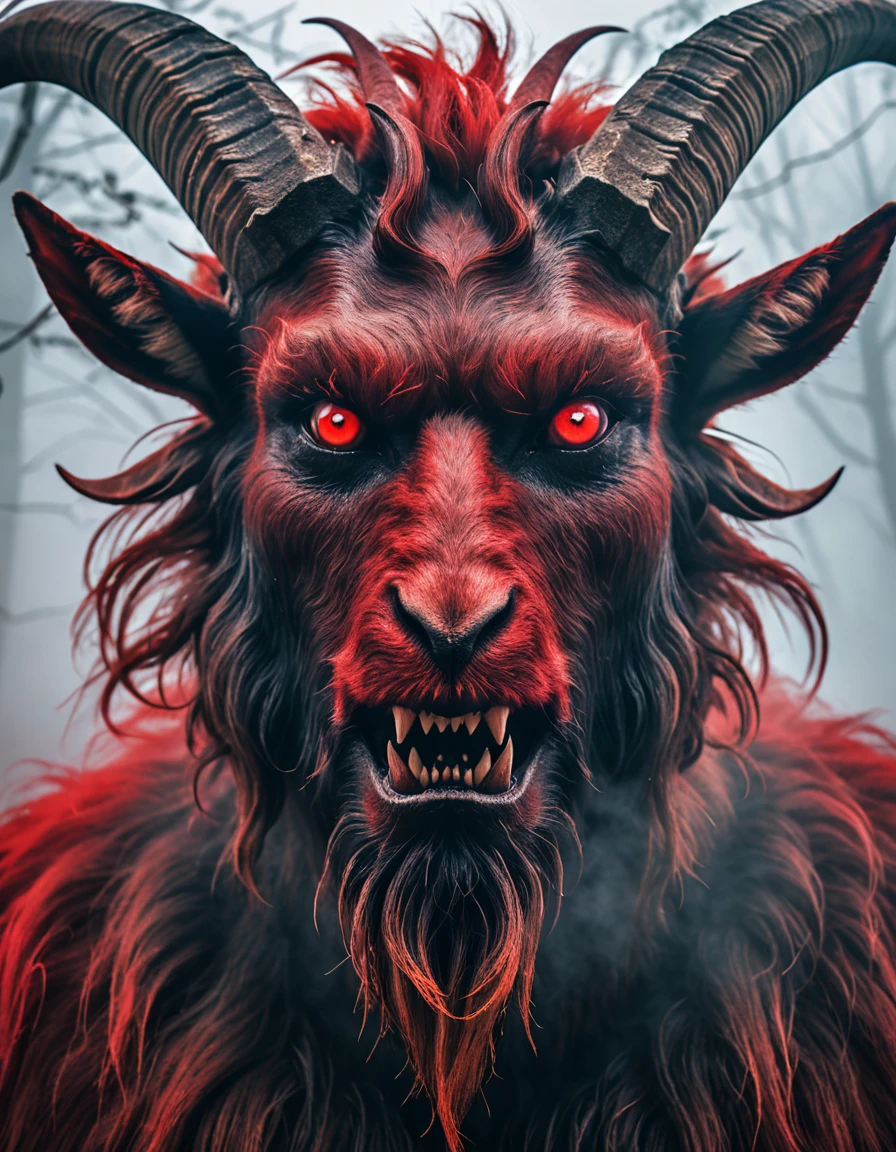 Focus on a close-up of the Goatman's face in the mist, emphasizing his eerie and frightening features. His eyes are glowing red, his face is a mix of human and goat with sharp teeth and large horns, and his expression is menacing, aiming to instill fear.