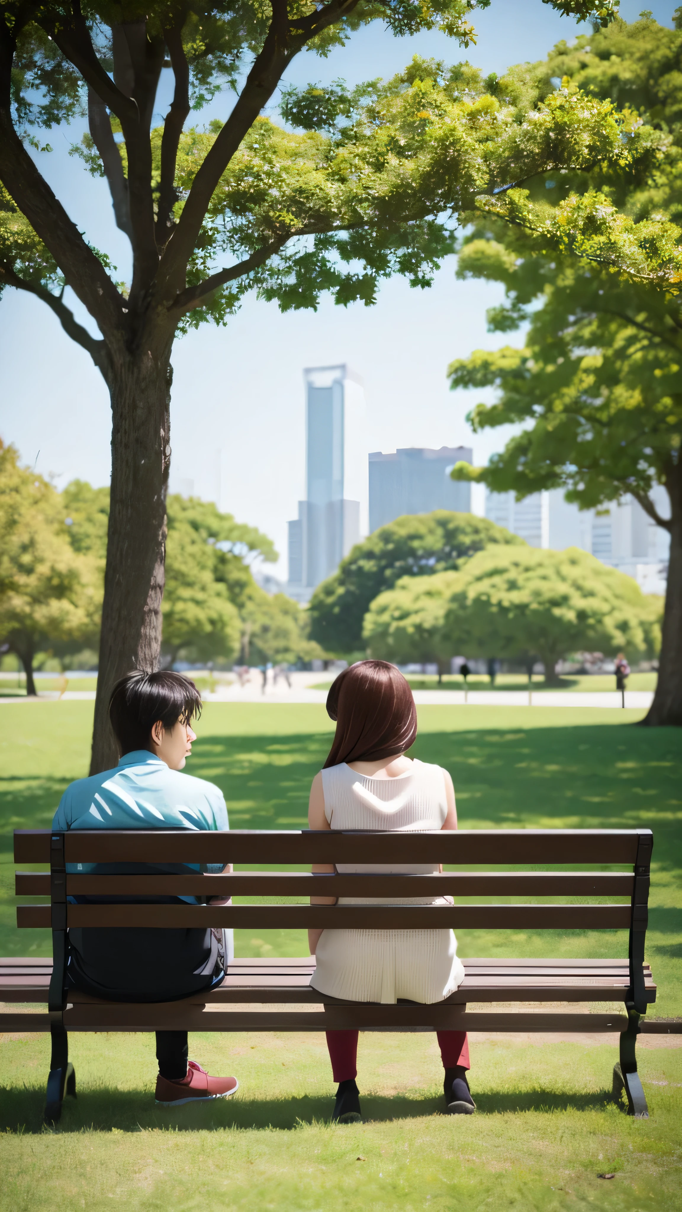 A couple is sitting on a bench in the park and talking。　Japanese anime style