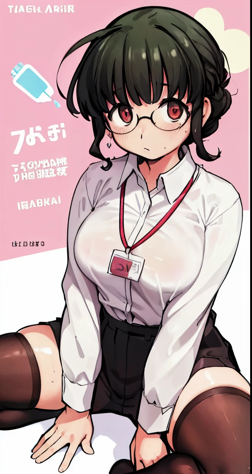 highest quality,(8K Portrait),(Official Art)、obesity、((short hair))、blush,((isark hair)),(Sweat),Black knee socks、One Woman,((:is))、hot、Office Room、Glasses、(Crouch:1.7)、(Wide-open legs:1.5)、whole body、Thin sweater