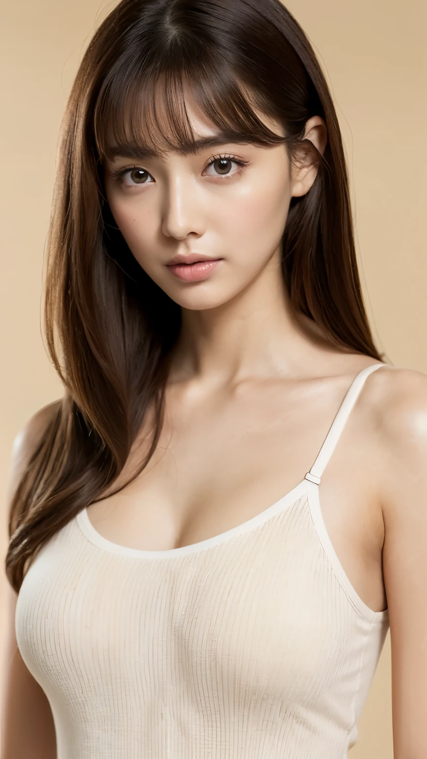 1 female, Large Breasts, Big Butt,Light brown hair, Blunt bangs, Random Hairstyles, very fat figure, Delicate lips, Saggy eyes,Lightly reddish, eyes are light brown, perfect glowing skin, Perfect Skin, (Realistic:1.3), Tube top、Super Detail, high quality, 最high quality, High resolution、Professional face,((Long legs,From head to toe,whole body,))