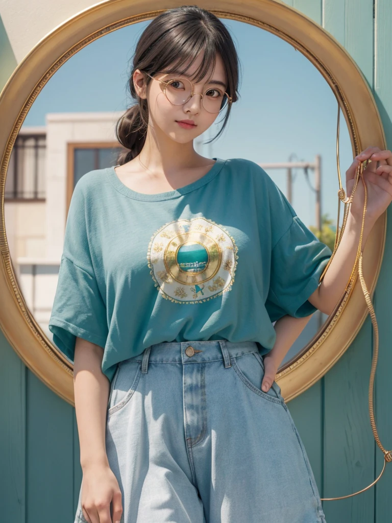 (Masterpiece, highest quality, super large resolution); (CG illustration); (a cute and cute girl); (sleepiness) (exhaustion); ((round-framed gold wire glasses)), (fashionable) (trendy); Rich colors, cyan, orange, yellow, green, cyan, blue, purple, fashion typography, magazine cover poster, hyper-detail, art, title, logo, label, badge, graphic design, detail post-processing, depth of field, high brightness, high saturation, more white space;