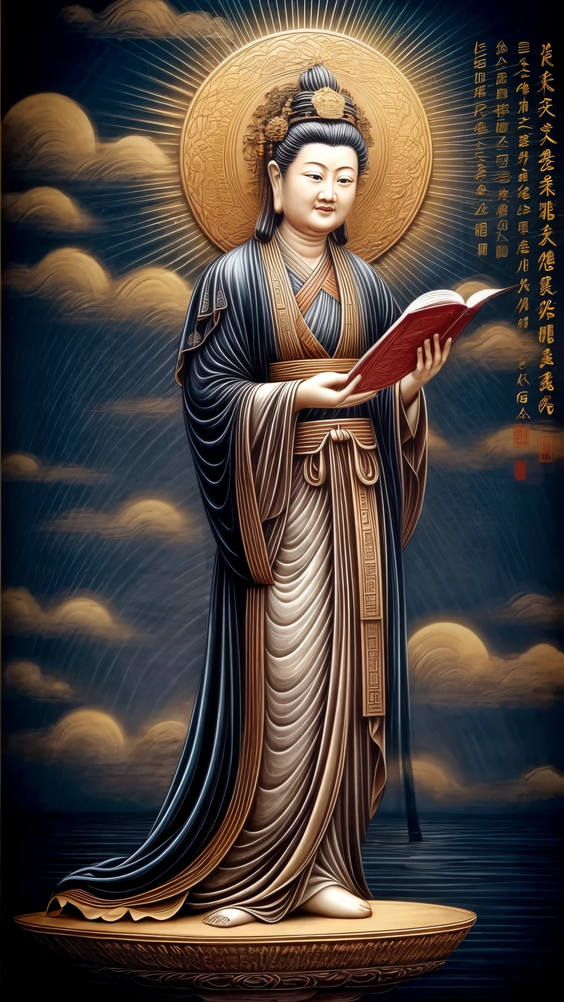 ((best quality)), ((masterpiece)),
((guanyin,1girl)),((chinese text,  text focus,wall of text)),water and cloud, lotus,full moon,hanfu,dress,chinese clothes,