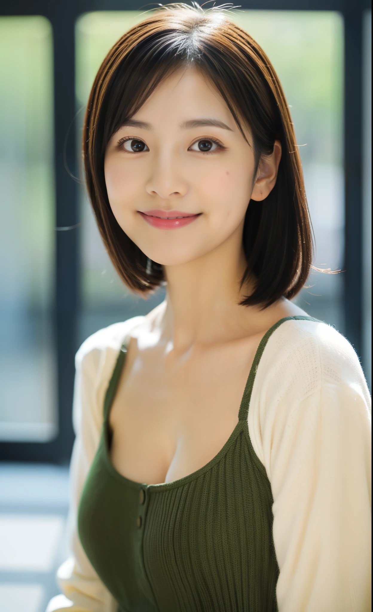 Portraiture、32k、high quality、Realistic Photographic Images、19 years old、Japanese women、proper wife、、housewife、Natural and realistic eyes、Japanese Stand、Beautiful black hair、short hair、light makeup、Octane Rendering、Beautiful lighting、Golden ratio composition、Laughter、Casual wear、Casual clothing、Natural background、Blurred Background、high resolution、Pure Japanese humanity、Beautiful wife、Upper Body、light makeup、No makeup、Pure beauty、Private Server、gray、beige、green、Plain、Casual clothing、smile、Small black eyes、Background blur、Large breasts、