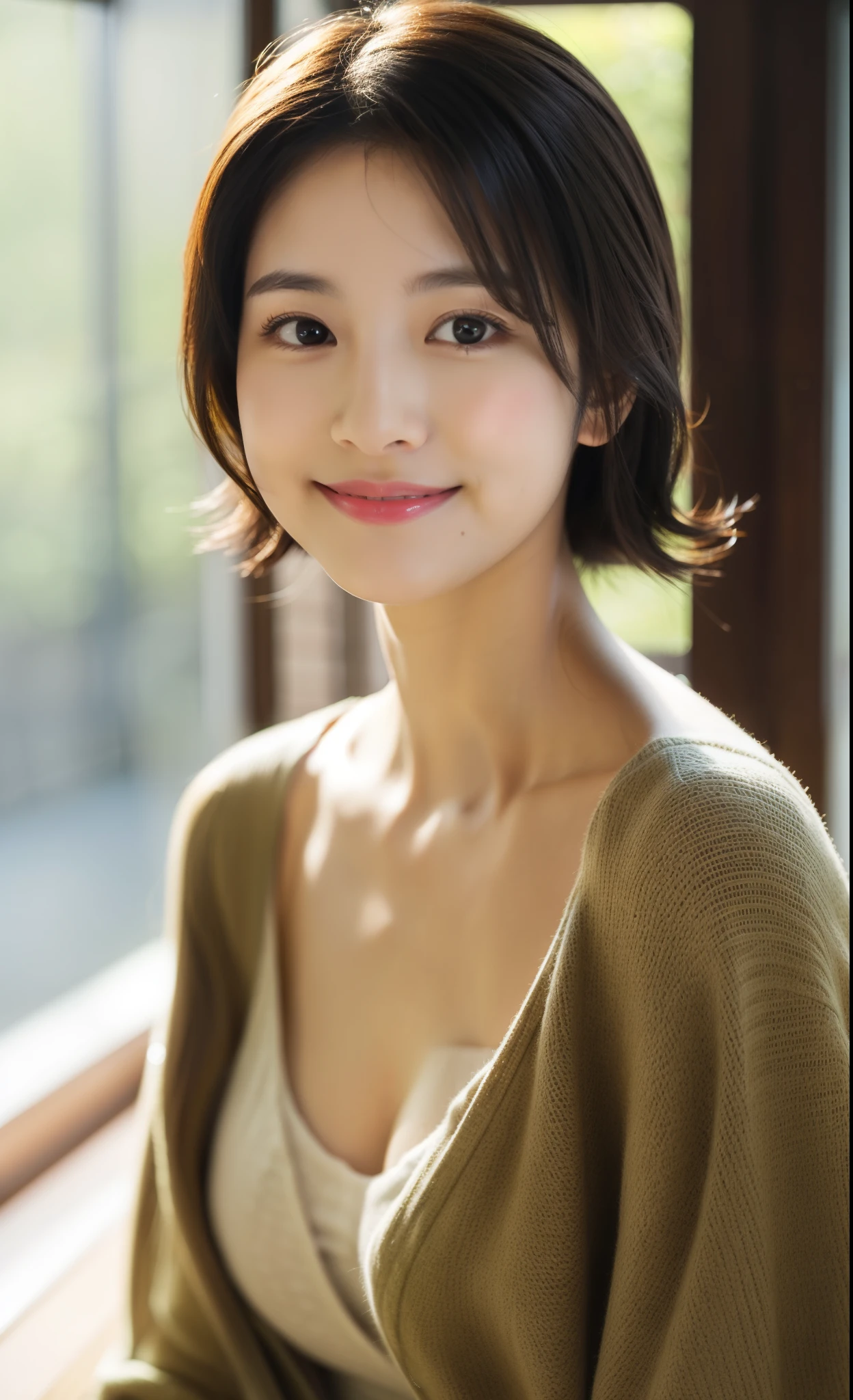 Portraiture、32k、high quality、Realistic Photographic Images、19 years old、Japanese women、proper wife、、housewife、Natural and realistic eyes、Japanese Stand、Beautiful black hair、short hair、light makeup、Octane Rendering、Beautiful lighting、Golden ratio composition、Laughter、Casual wear、Casual clothing、Natural background、Blurred Background、high resolution、Pure Japanese humanity、Beautiful wife、Upper Body、light makeup、No makeup、Pure beauty、Private Server、gray、beige、green、Plain、Casual clothing、smile、Small black eyes、Background blur、Large 、