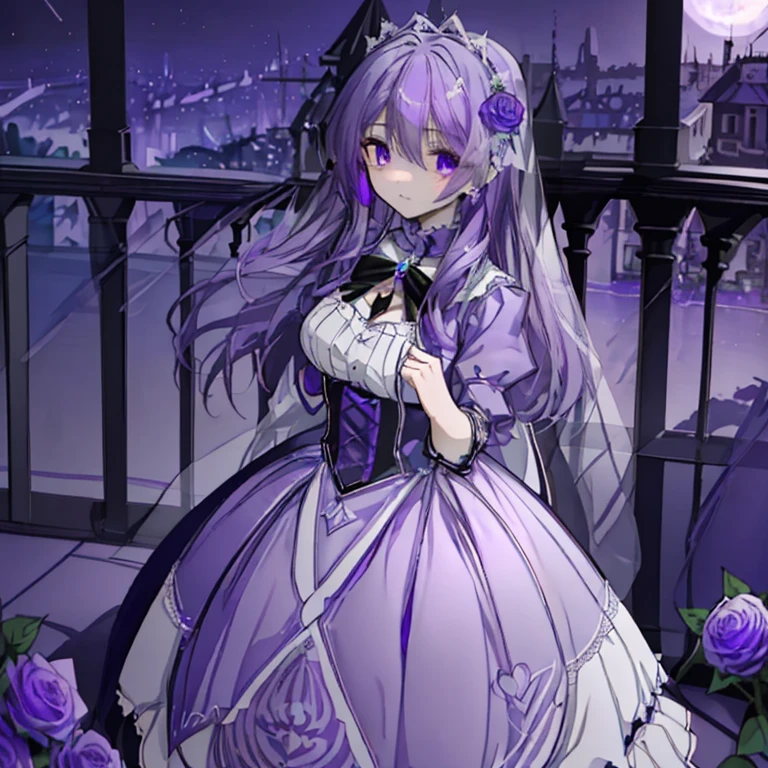 Purple Hair,Long Hair,Wedding dress,gem,Purple Eyes,Sharp Eyes,Gothic ta Dress,Old castle,Blue rose,Lots of flowers,Blue roseのブーケを持つ,gorgeous,Look to the side,Standing on the balcony,Moonlit Night,beautiful,Cool Beauty