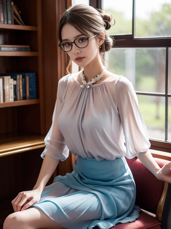 (Realistic、High resolution:1.3),alone, One Girl, masterpiece, highest quality, Very detailed, Cinema Lighting, Intricate details, High resolution, Official Art, Beautifully detailed face and eyes, High resolutionのイラスト, 8k, (Short bun hairstyle), Ash Brown Hair:1.3, Very thin body, ((Chiffon long skirt、Chiffon blouse:1.3)) 、Single Blade, blue eyes, Glasses, Crossing your legs, Sit on a chair, patterned high heels,Upper Body, Big Breasts, Book_stack, library, ((vine)), Looking at the audience