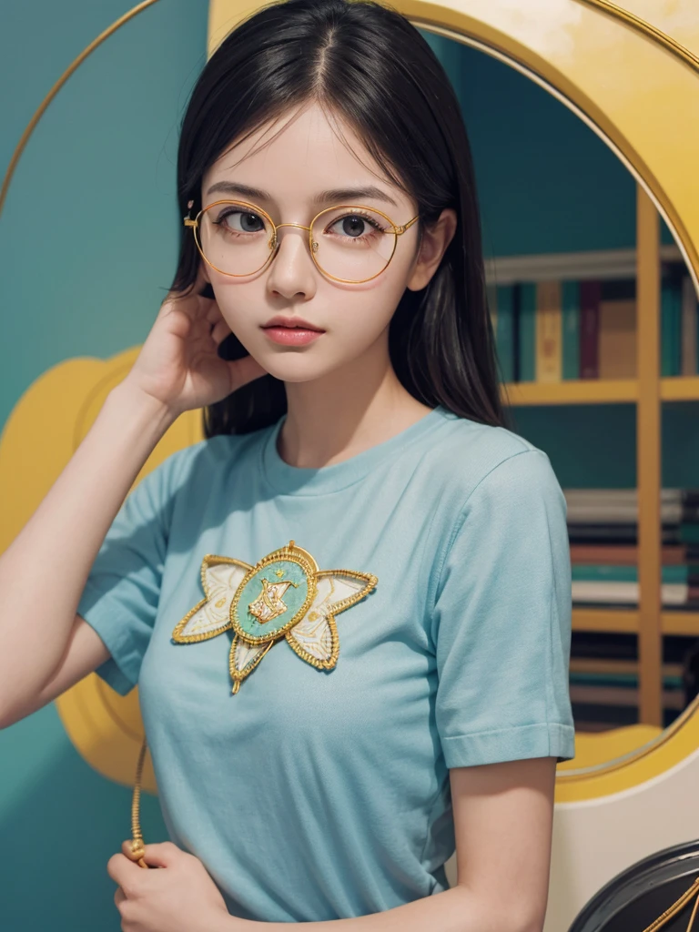 (Masterpiece, highest quality, super large resolution); (CG illustration); (a cute and cute girl); (sleepiness) (exhaustion); ((round-framed gold wire glasses)), (fashionable) (trendy); Rich colors, cyan, orange, yellow, green, cyan, blue, purple, fashion typography, magazine cover poster, hyper-detail, art, title, logo, label, badge, graphic design, detail post-processing, depth of field, high brightness, high saturation, more white space;
