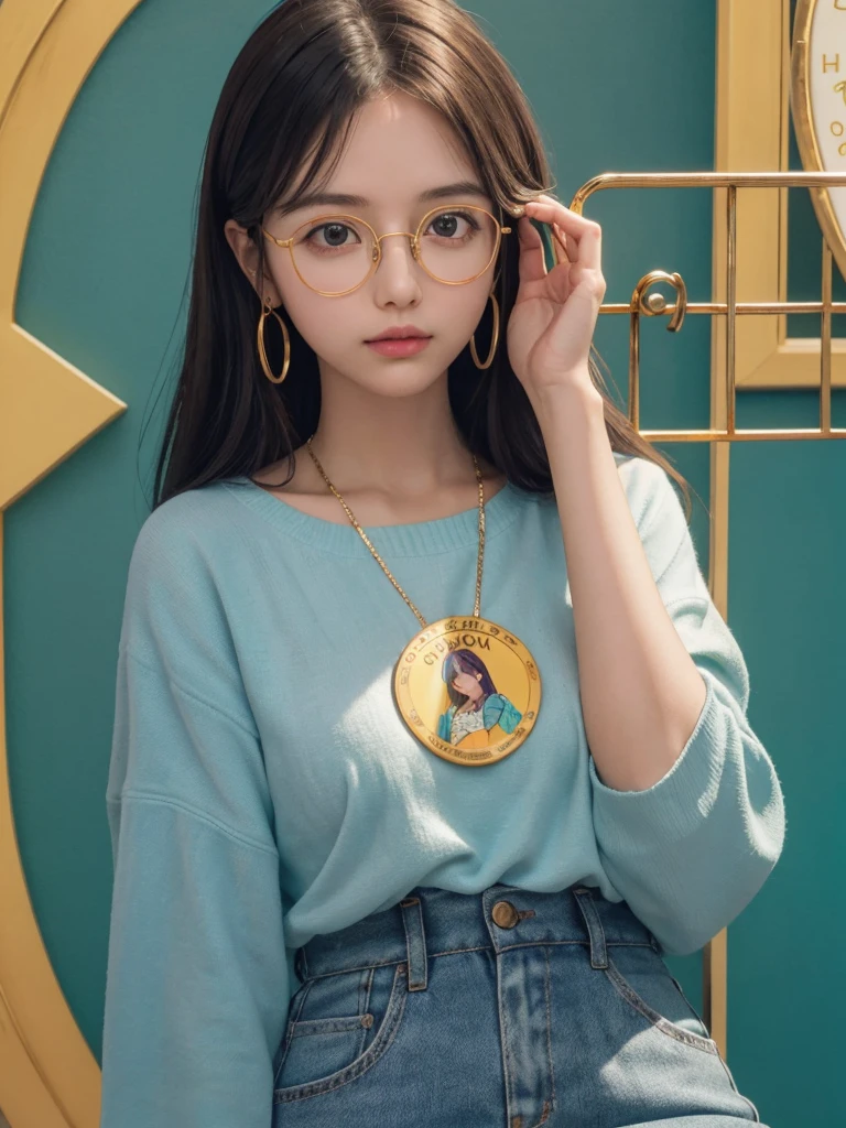 (Masterpiece, highest quality, super large resolution); (CG illustration); (a cute and cute girl); (sleepiness) (exhaustion); ((round-framed gold wire glasses)), (fashionable) (trendy); Rich colors, cyan, orange, yellow, green, cyan, blue, purple, fashion typography, magazine cover poster, hyper-detail, art, title, logo, label, badge, graphic design, detail post-processing, depth of field, high brightness, high saturation, more white space;