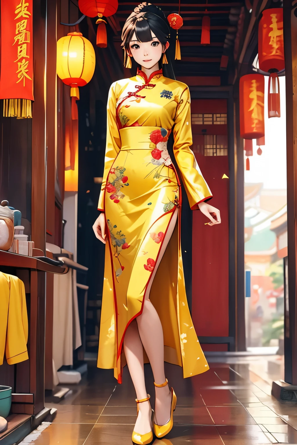 Wearing a yellow Chinese dress20Chinese woman in her late twenties、Long legs、Anime Nanga、Frontal head-to-toe full body shot