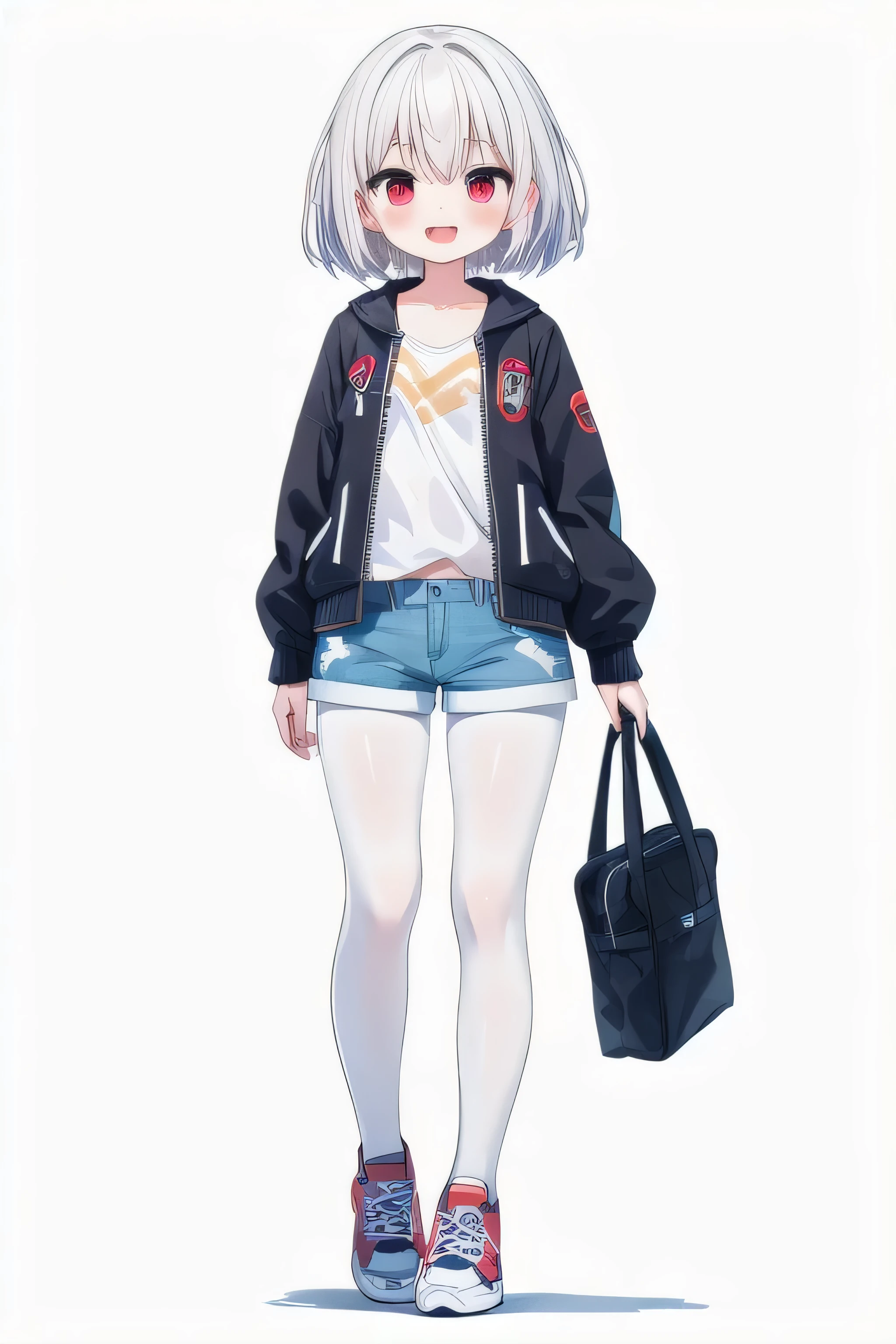 masterpiece, top quality, super detailed, CG illustration, high resolution, better lighting, best shadows, very delicate and beautiful, proper shading, hd, 8k,1girl, solo, blush, smile, short hair, open mouth, simple background,long hair, white hair, white background, jacket, full body, pantyhose, shoes, shorts, Bloodred eyes, sneakers, striped pantyhose, vertical-striped pantyhose