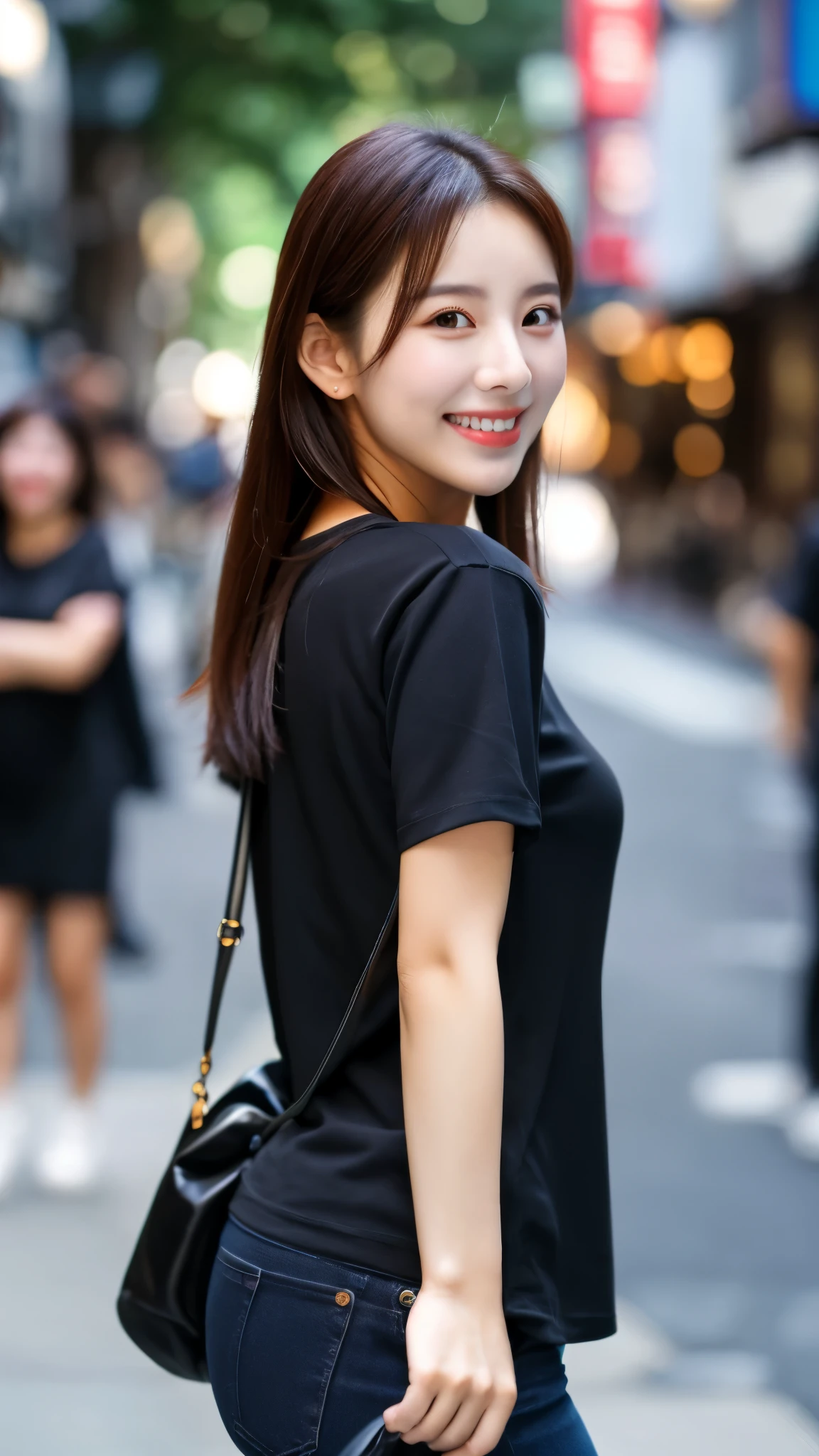 close-up of beautiful korean female, 34 inch breasts size, wearing black t-shirt, walking in the alley, smile, bokeh background, UHD