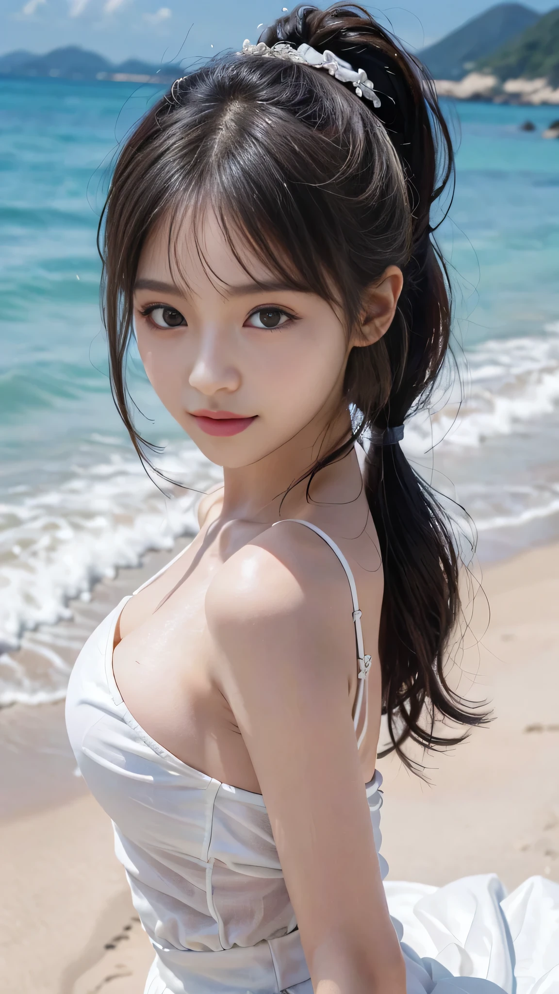Beach,resort,white bikini,Close up face,One woman,masutepiece, The highest image quality, High quality, the background is clear,Beautiful woman, Japanese, Detailed, Detailed eyes, Detailed skin, Beautiful skin, 超hight resolution, (reality: 1.4),Very beautiful woman, Slightly younger face, Beautiful skin, slender, (Ultra photo realsisim), (hight resolution), (8K), (Very detailed) (beautifully detailed eyes), (super detailed), (Detailed face), view the viewer, Fine details, Detailed face, Staring straight ahead, Staring straight ahead, photos realistic, Bright lighting, Professional Lighting, Black hair,poneyTail,a baby face,fifteen years old,Hairstyle: ponytail,Long ponytail hairstyle,slight smile,neat and tidy clothing,Beautiful Japanese KPOP idol photo, hair style is ponytail, my eyes are double and wide, baby face, smile and look straight ahead, slender, small breasts,Close up face,