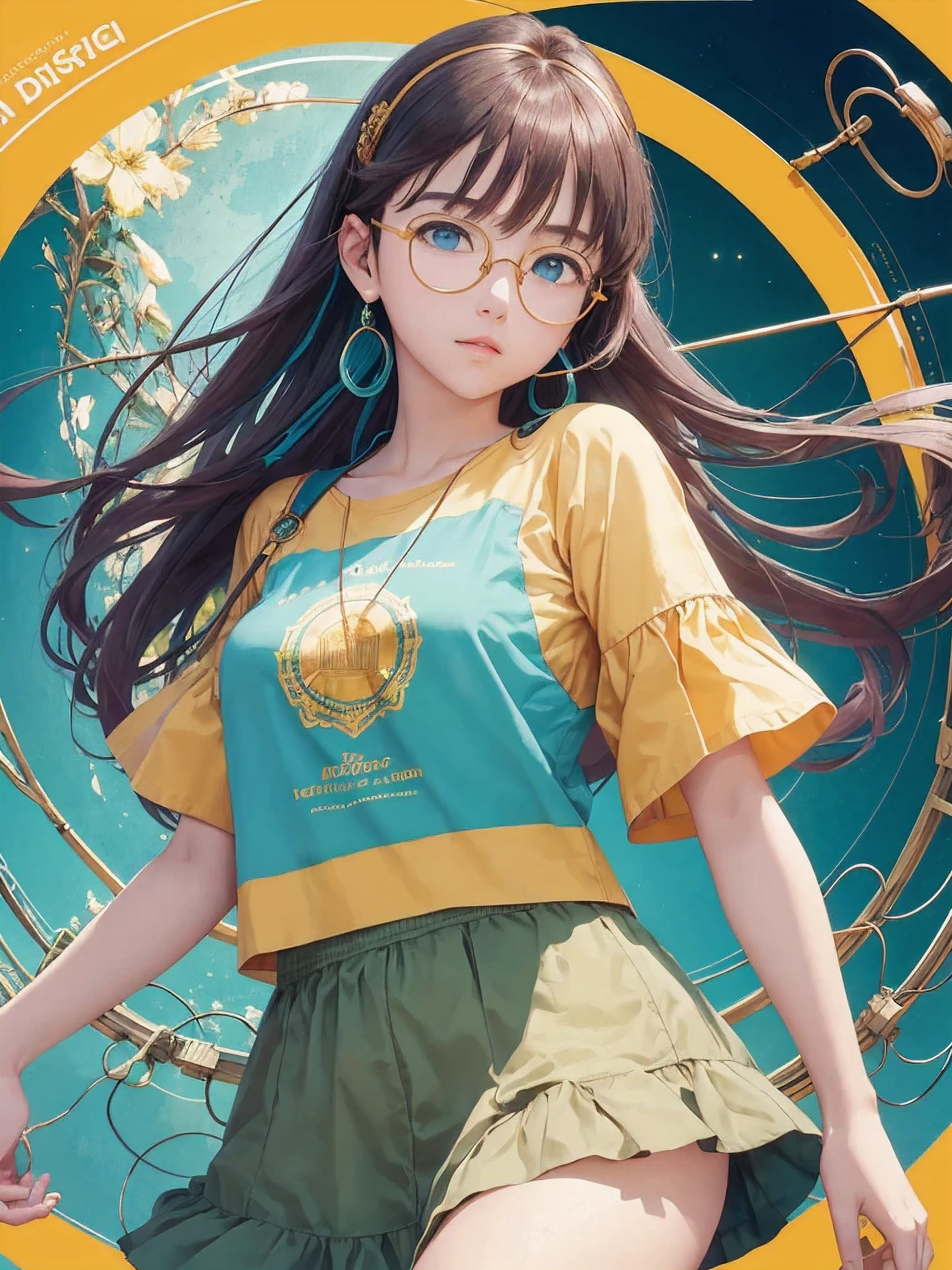 (Masterpiece, highest quality, super large resolution); (CG illustration); (a cute and cute girl); (sleepiness) (exhaustion); ((round-framed gold wire glasses)), (fashionable) (trendy); Rich colors, cyan, orange, yellow, green, cyan, blue, purple, fashion typography, magazine cover poster, hyper-detail, art, title, logo, label, badge, graphic design, detail post-processing, depth of field, high brightness, high saturation, more white space;