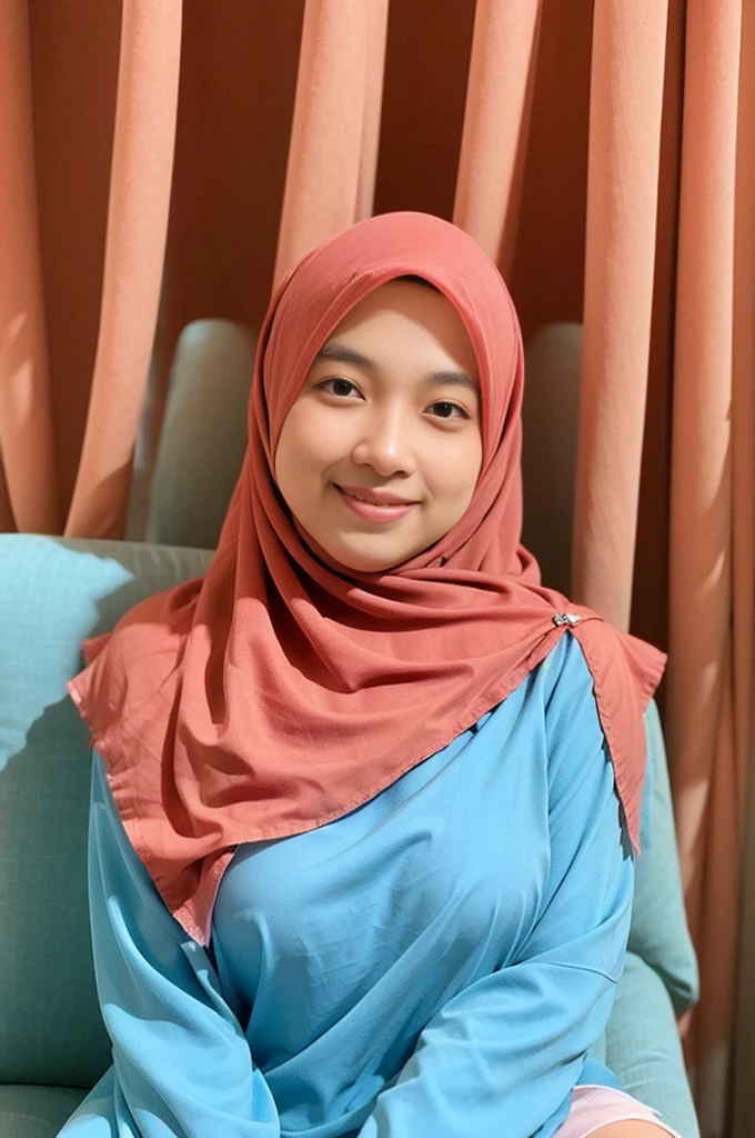 Malay girl in hijab wearing sexy red color satin bra and panties, portrait photography, mid shot photo, ultra detail, professional photograph with professional lighting, smile, light blue studio background, sexy seducing pose, curvy, full body,