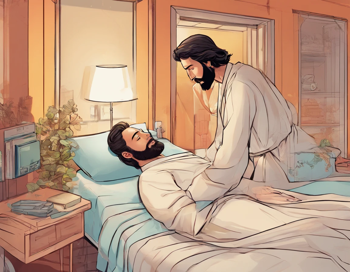Background of a room, una persona Acostada en una cama de hospital con cara de piel clara con ojeras, enfermo, and on the left side of the bed Jesus looking at him with a tender and sweet face comforting him and looking into his eyes