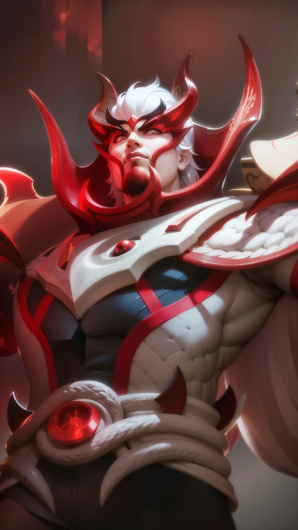 a close up of a man with a red and white costume on, onmyoji portrait, dota 2 concept art, painted portrait of mordekaiser, onmyoji detailed art, inspired by Huang Shen, dota character, dota 2 hero, hero from dota 2, onmyoji, 8k hd wallpaperjpeg artifact, 8 k hd wallpaperjpeg artifact, Best quality, masterpiece, detailed skin texture, detailed clothes texture, detailed face, super detail, 8k, intricate detail, 1 boy, The color doesn't change, Muscle guy, 1 guy, red eyes, looking aways.