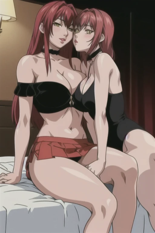 masterpiece, best quality, highres, 2 girls, hirokotakashiro,  micro ruffle skirt, black off shoulder crop top , bedroom, full body shot, (smug:0.3), looking at viewer, focus solo, sexy pose, crossing legs, mature, flip flops, detailed feet, busty, cleavage, redhead, seductive, dangling shoes, red eyeshadow, glossy lips, black choker, long hair, sitting on bed, complete body, seducing, yellow eyes, seducing each other, guys watching them with lust, kiss, separate bodies, nasty, 