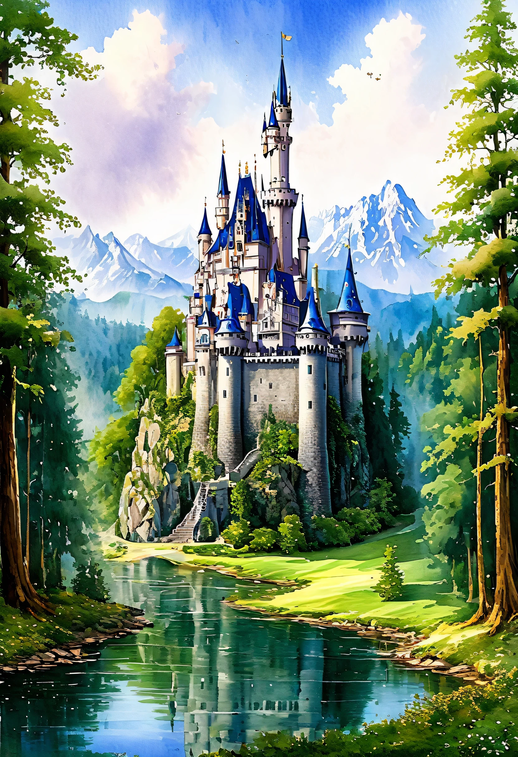 Masterpiece fairy tale castle in the forest, best quality, (beautiful view: 1.1), (realistic: 1.5), fire magic: 1.3), water color