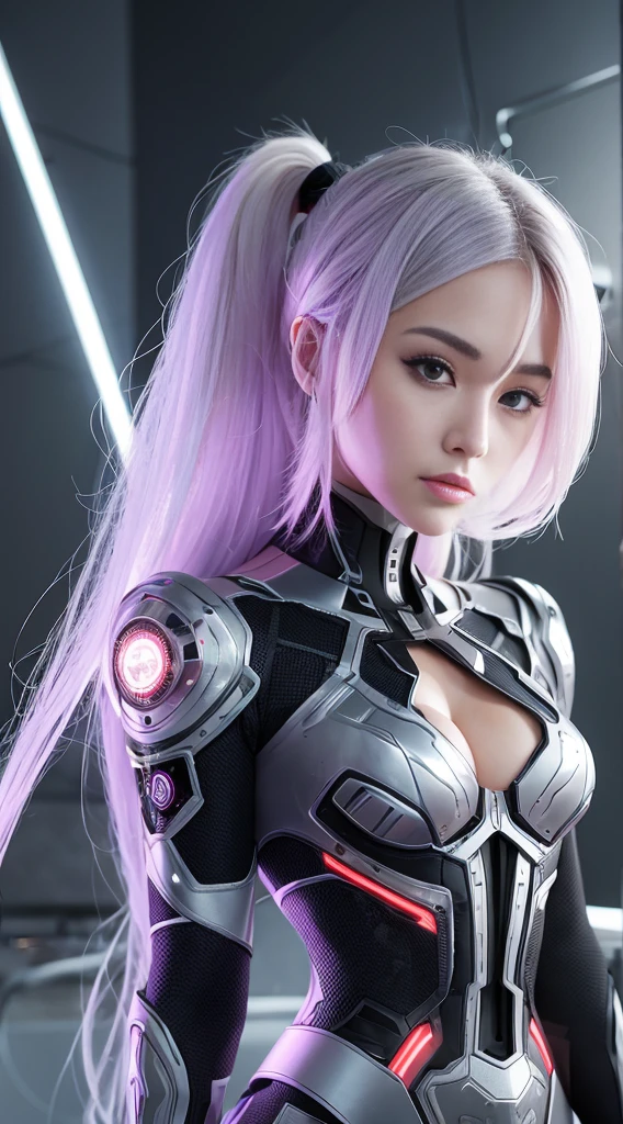 Female cyborg, energy is nuclear fusion, body is made of metal, part artificial skin, appearance is close to human, metal parts are also exposed, instruments on chest, interface on arms, beauty