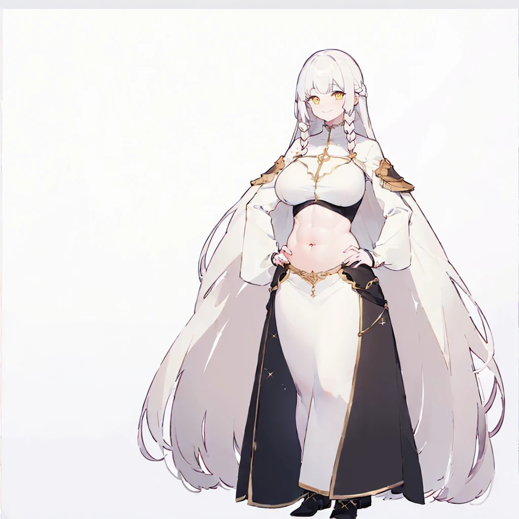 (((Plain background 1:2))) (masterpiece, high quality: 1.1) 1girl full body standing, hairstyle with a braid, white colored hair, yellow eyes, perfect lighting, muscular, thighs, mature woman, mummy, bellybutton, abs, looks at the viewer smile RED CHEEKS, extremely huge breasts, maternal, porcelain skin, extra very long hair, sparkly skin, good face, chest cover, HANDS ON HIPS