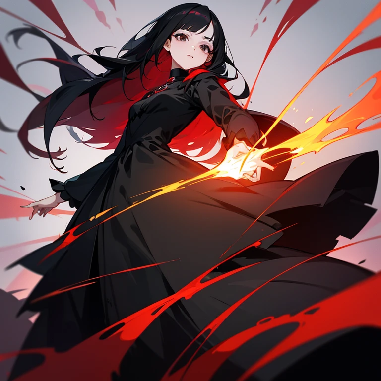 A goth girl, with black hair with red tips, cute droopy black eyes, is a magical girl, her dress is red and black, magical girl style dress, her element is fire, she reprensents rubys , tall and mature, teenager