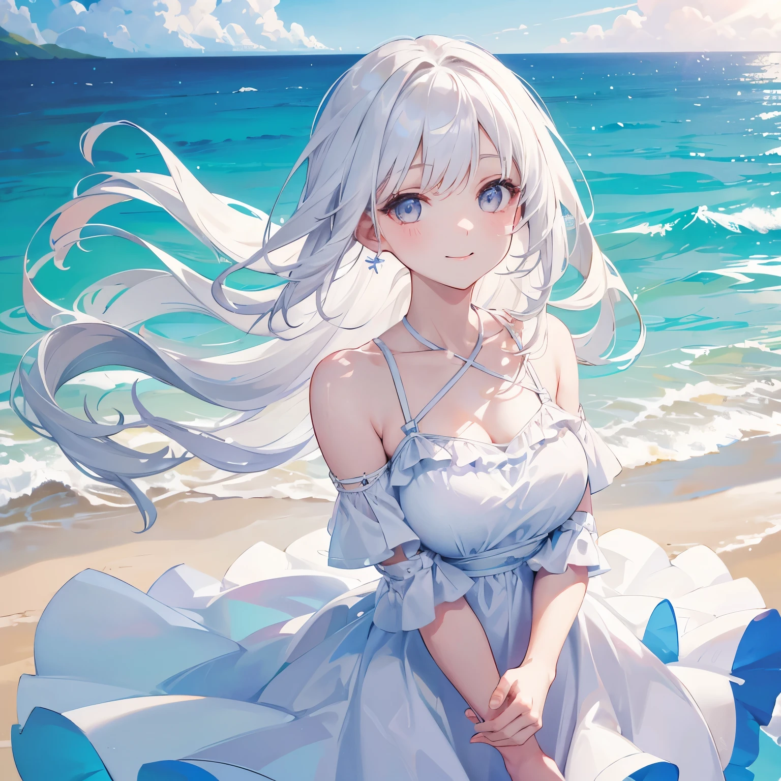 ((best qualtiy, 8k, tmasterpiece:1.3)), Focus:1.2, perfect bodies:1.4, (wetclothes:1.1) ,, Bandeau Dress:1.1, Highly detailed facial and skin texture, A detailed eye, 二重まぶた,Whiten skin,long whitr hair --auto