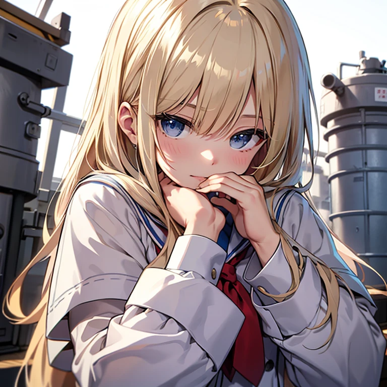 ((highest quality)), ((masterpiece)), (detailed), Perfect Face、studying、Thinking with head in hands、blonde、Smooth Hair、Sailor suit、machine、pen、