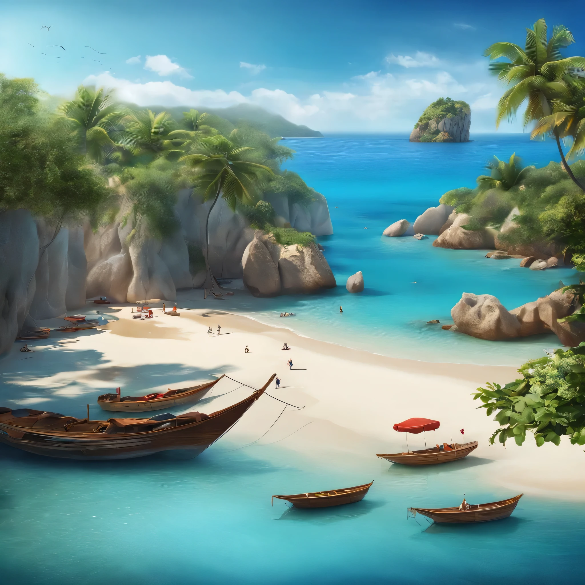 Sea beach, you can see the island, there are boats, there are people playing in the water, the blue sea has a beautiful sky.